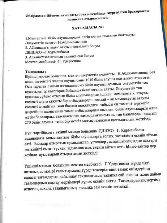 Тамақтанудың сапасын тексеру мониторинг қорытындысы