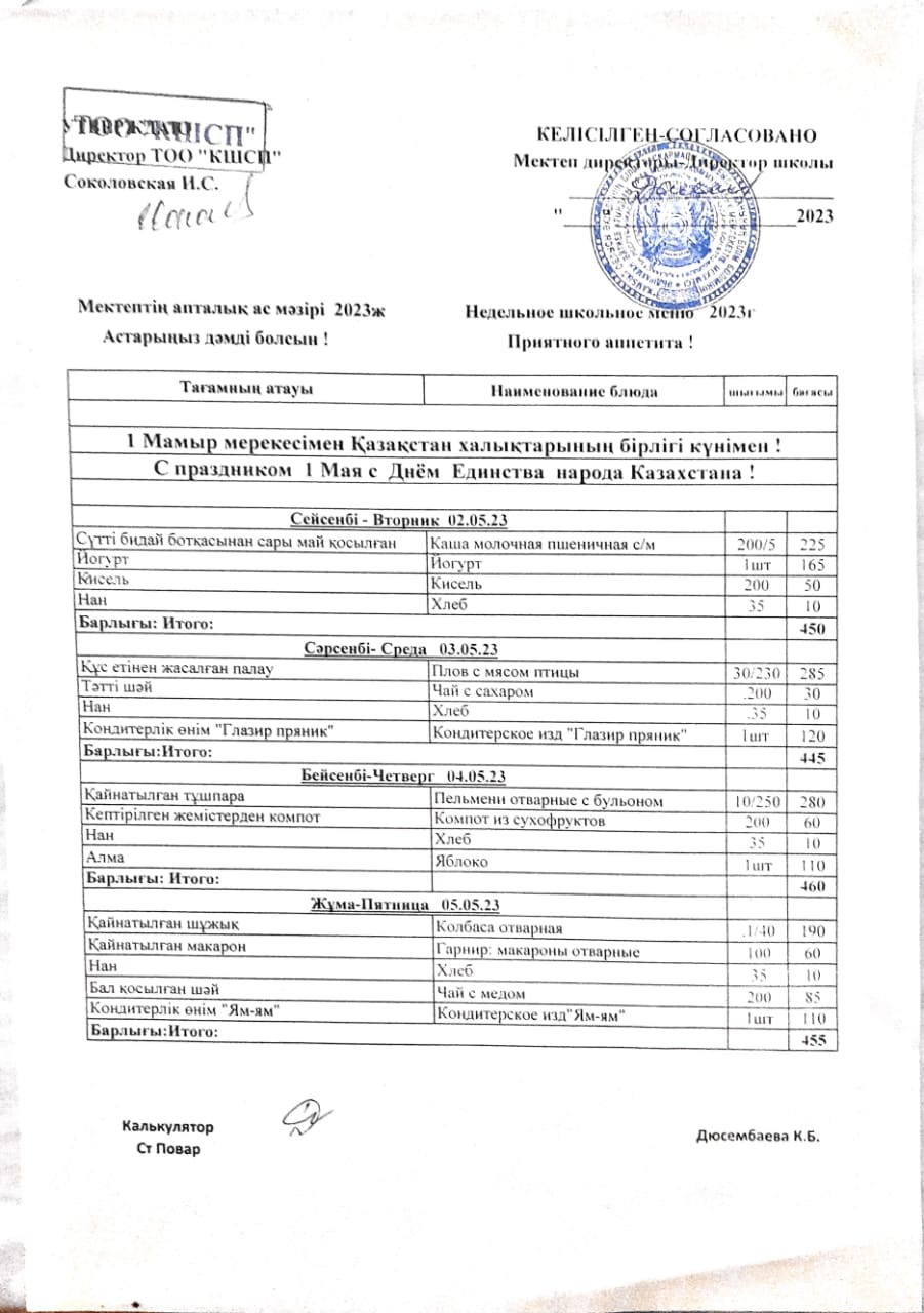 "Мамыр айының ас мәзірі 2022-2023 оқу жылы"