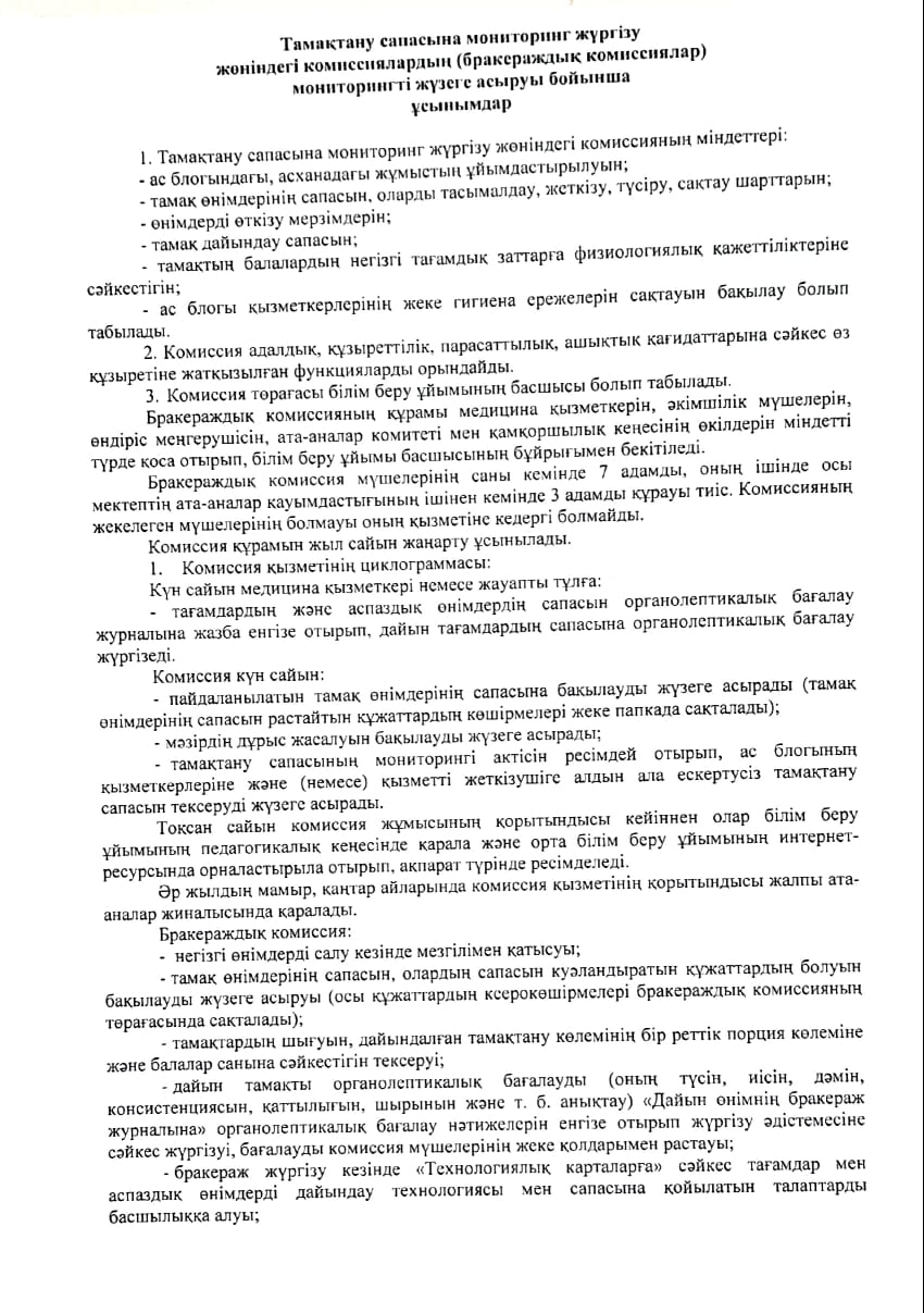 Қыркүйек айының  тамақтану сапасына мониторинг жүргізу