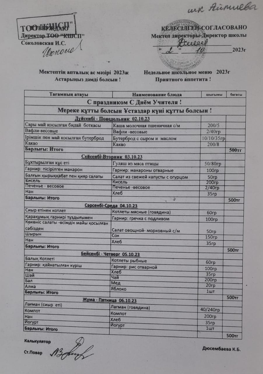 "2023-2024 оқу жылының қазан айының 2 күні ас мәзірі"