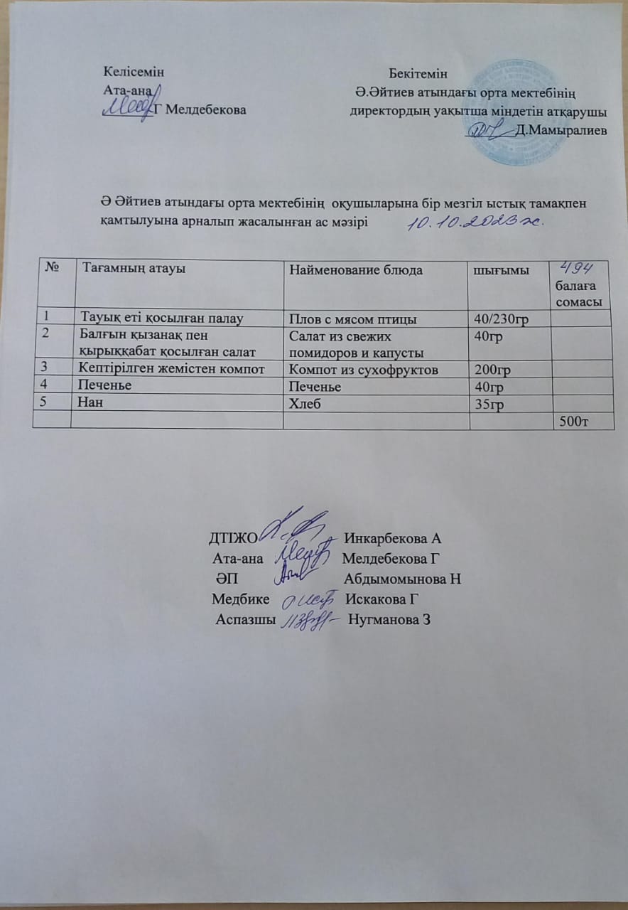 2023-2024 оқу жылының 10 -қазан күніне арналған ас мәзірі