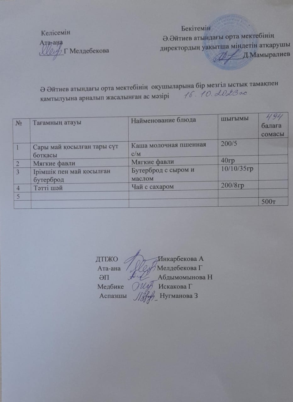 2023-2024  оқу жылының 16 -қазан күніне арналған ас мәзірі