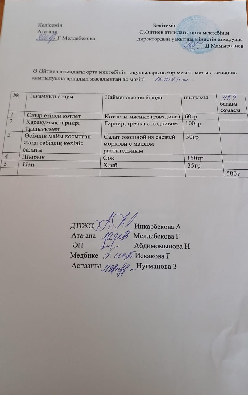 2023-2024 оқу жылының 18- қазан  күніне арналған ас мәзірі