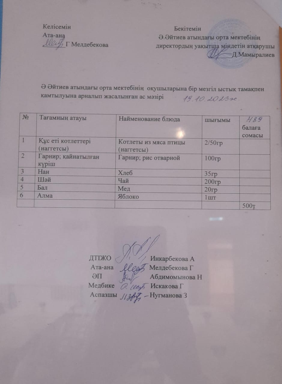 2023-2024 оқу жылының 19 -қазан күніне арналған ас мәзірі