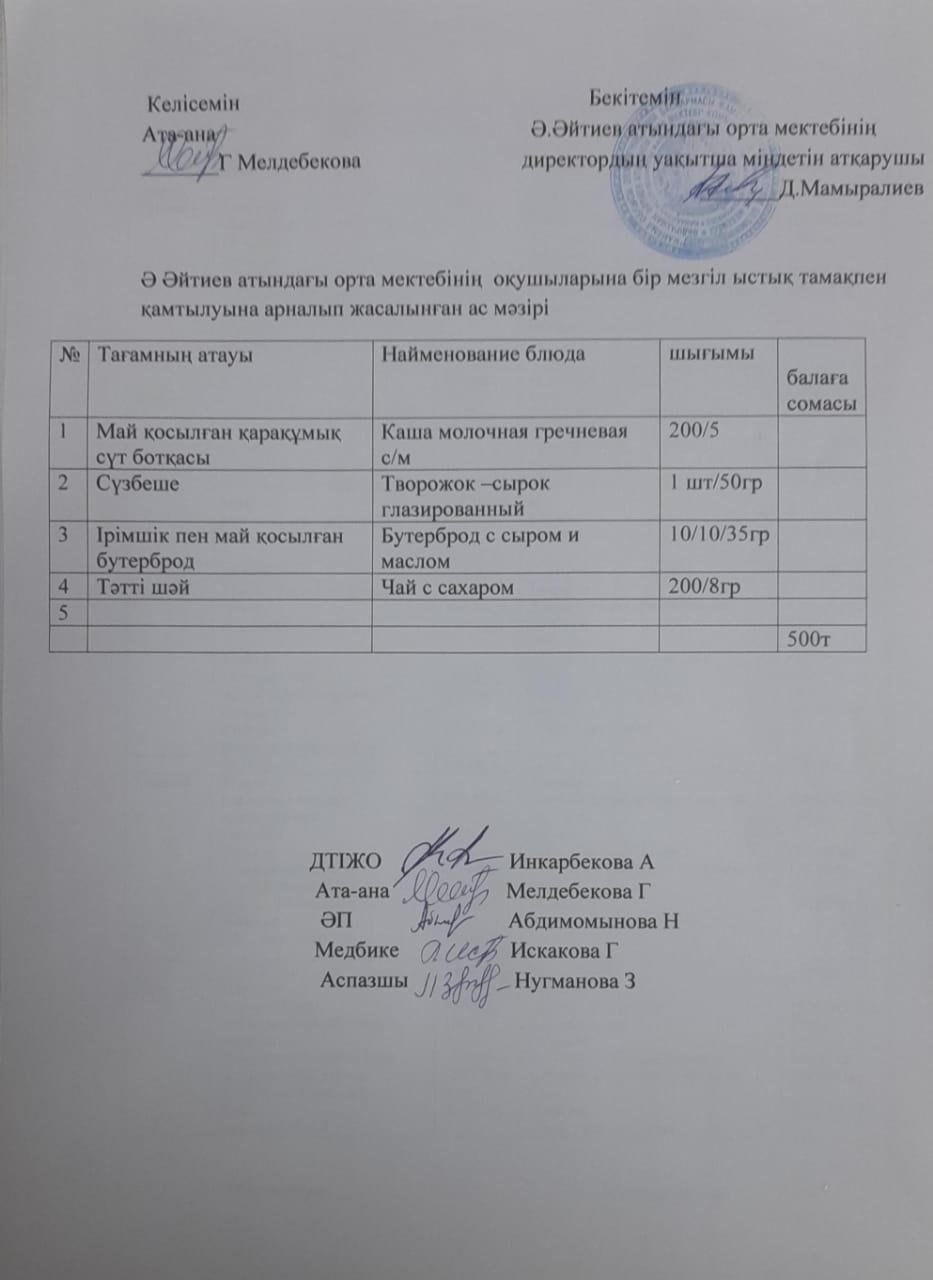 2023-2024 оқу жылының 23 -қазан күніне арналған ас мәзірі