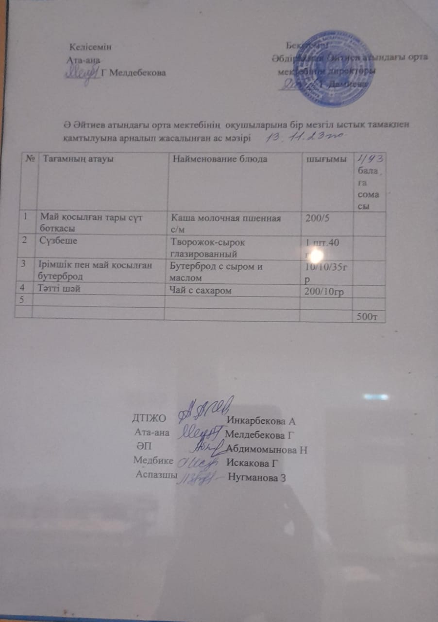 2023-2024 оқу жылының 13- қараша күніне арналған ас мәзірі"