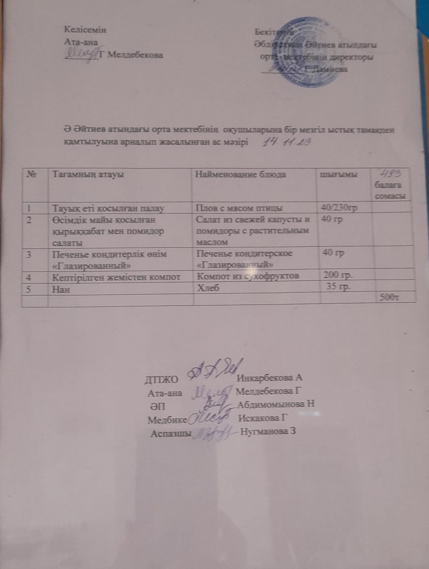 2023-2024 оқу жылының 14 - қараша күніне арналған ас мәзірі"