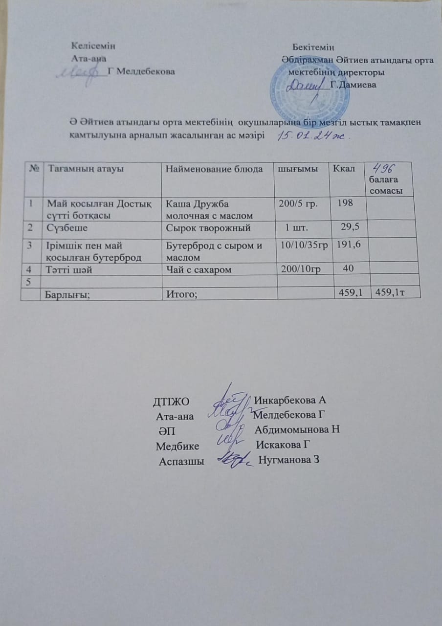 2023-2024 оқу жылының 15 -қаңтар күніне арналған ас мәзірі