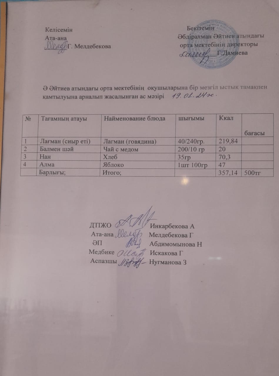 2023-2024 оқу жылының 19-қаңтар күніне арналған ас мәзірі