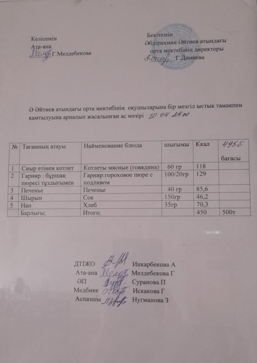 2023-2024 оқу жылының 10-сәуір күніне арналған ас мәзірі