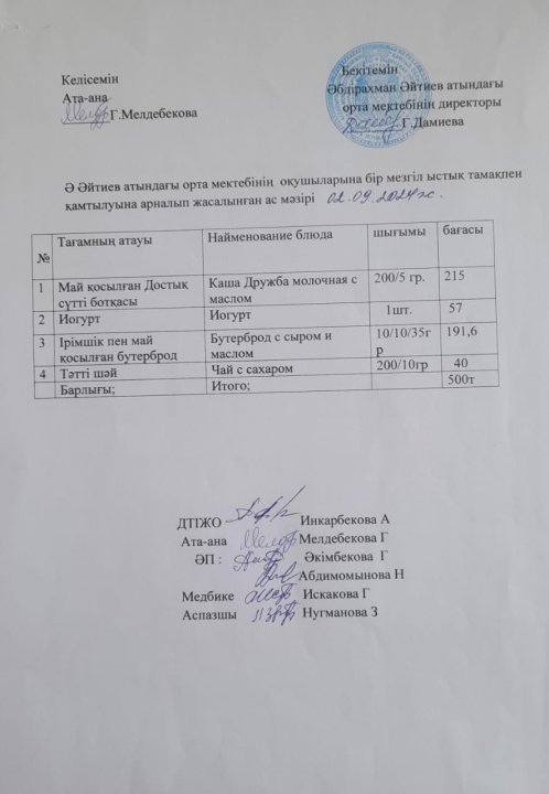 2024-2025 оқу жылы 2 қыркүйек күніне арналған ас мәзірі