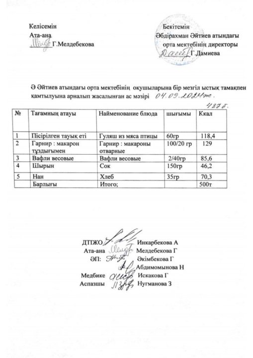 2024-2025 оқу жылы  4- қыркүйек күніне арналған ас мәзірі