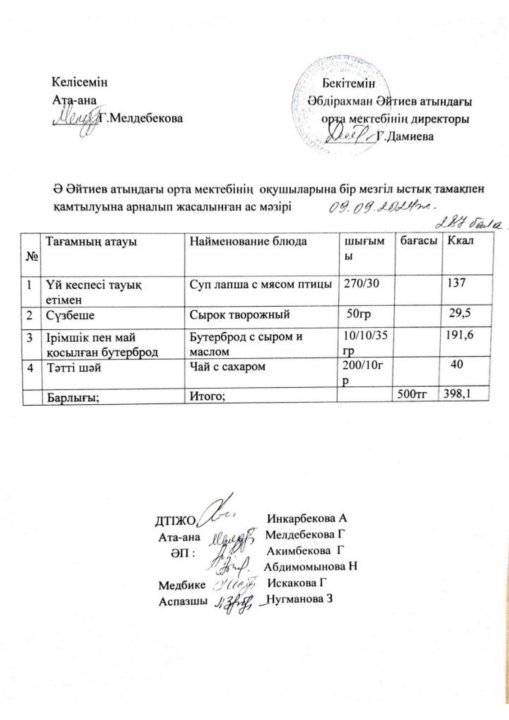 2024-2025 оқу жылы 9-қыркүйек күніне арналған ас мәзірі