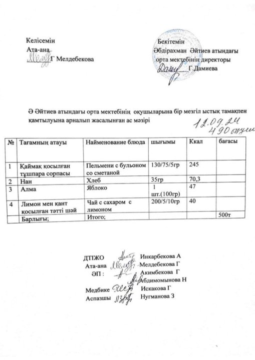 2024-2025 оқу жылы 12- қыркүйек күніне арналған ас мәзірі""