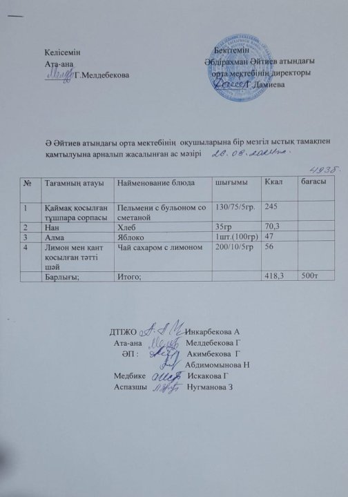 2024-2025 оқу жылы 26 қыркүйек айына арналған аз мәзірі