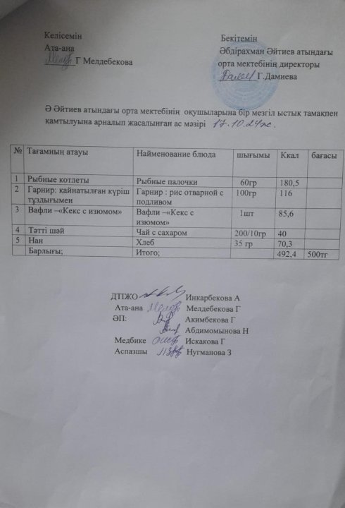 "2024-2025 оқу жылы 17-қазан күніне арналған ас мәзірі"