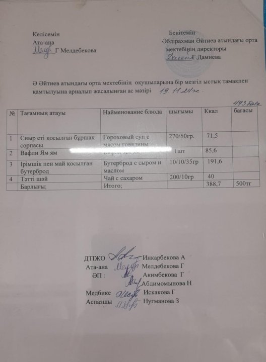 2024-2025 оқу жылы 19- қараша күніне ас мәзірі