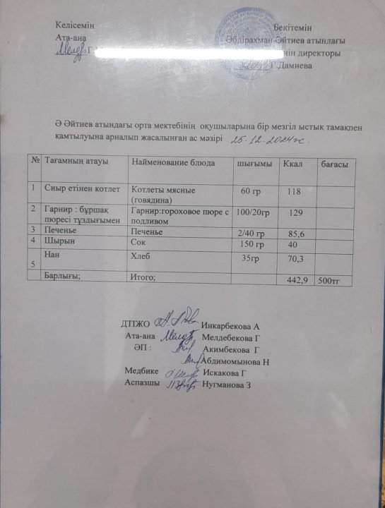 2024-2025  оқу жылының  25 желтоқсан күніне арналған  ас мәзірі