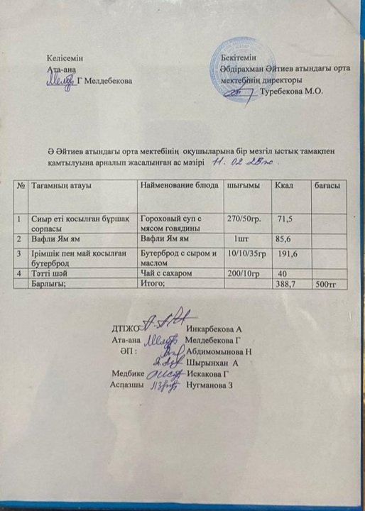 2024-2025 оқу жылы 11- ақпан күніне арналған ас мәзірі