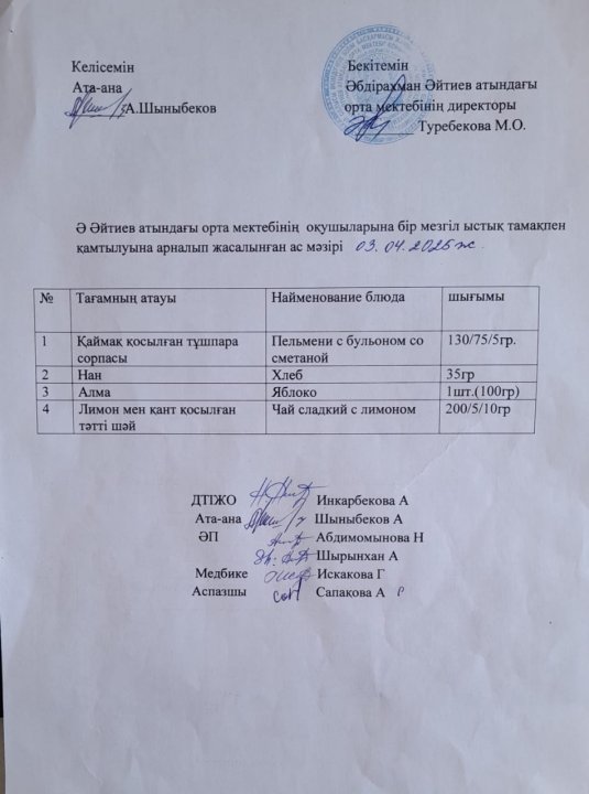 "2024-2025 оқу жылындағы 3 -сәуір күніне арналған ас мәзірі"