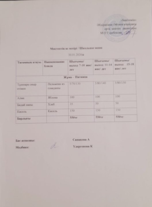 30.01.2026 ж ыстық тамапен тамақтанатын білім алушылардың ас мәзірі