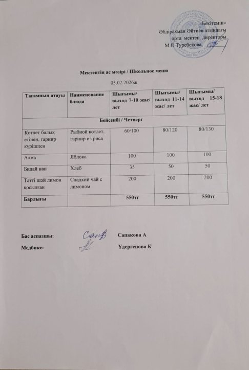05.02.2026 ж ыстық тамапен тамақтанатын білім алушылардың ас мәзірі