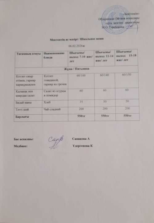 06.02.2026 ж ыстық тамапен тамақтанатын білім алушылардың ас мәзірі