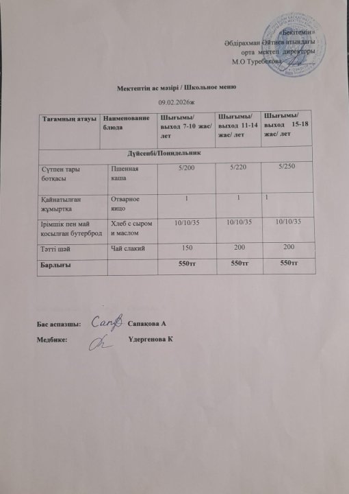 09.02.2026 ж ыстық тамапен тамақтанатын білім алушылардың ас мәзірі