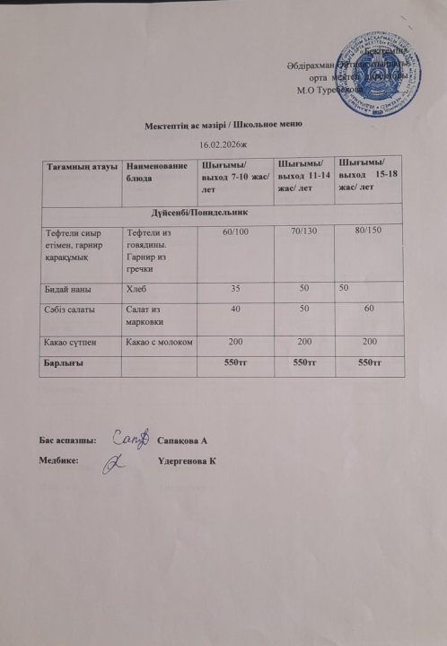16.02.2026 ж ыстық тамақпен қамтылған білім алушылардың ас мәзірі