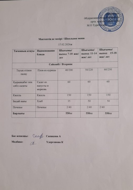 17.02.2026 ж ыстық тамақпен қамтылған білім алушылардың ас мәзірі